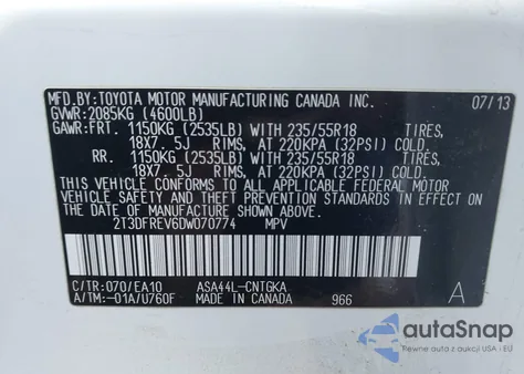 2013 Toyota Rav4 Limited z USA, uszkodzony, nr VIN 2T3DFREV6DW070774